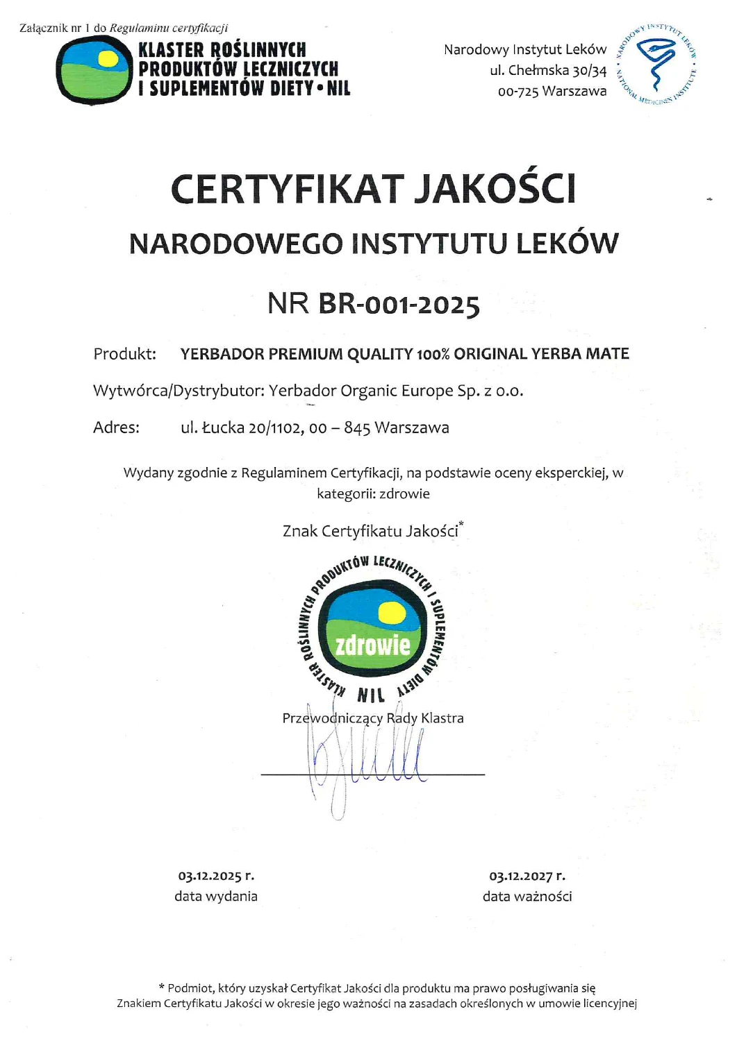 Thumbnail of the quality certificate from the Polish National Medicines Institute
