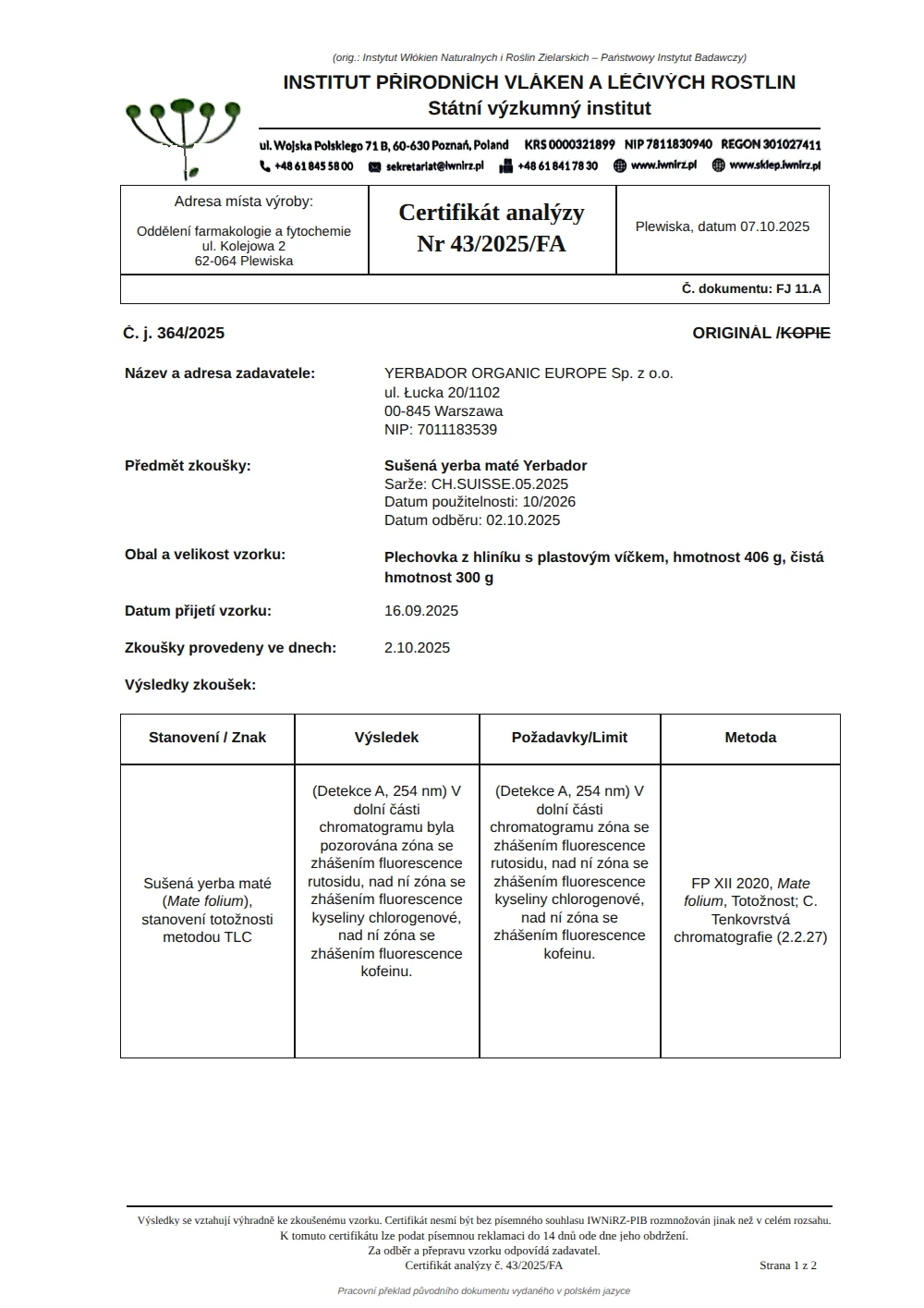 Osvědčení o analýze č. 43/2025/FA, strana 1