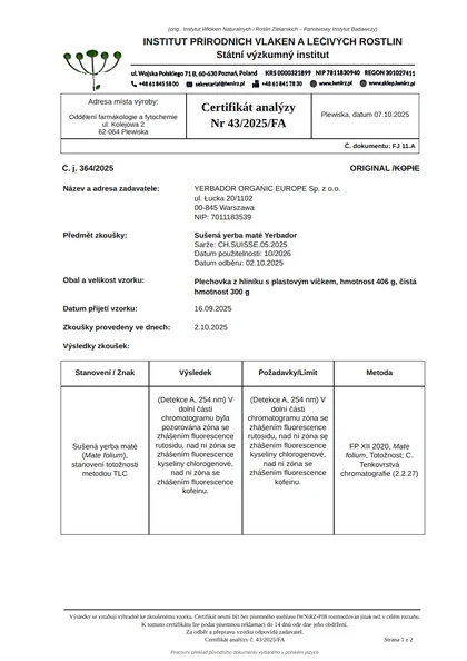 Certifikát analýzy č. 43/2025/FA
