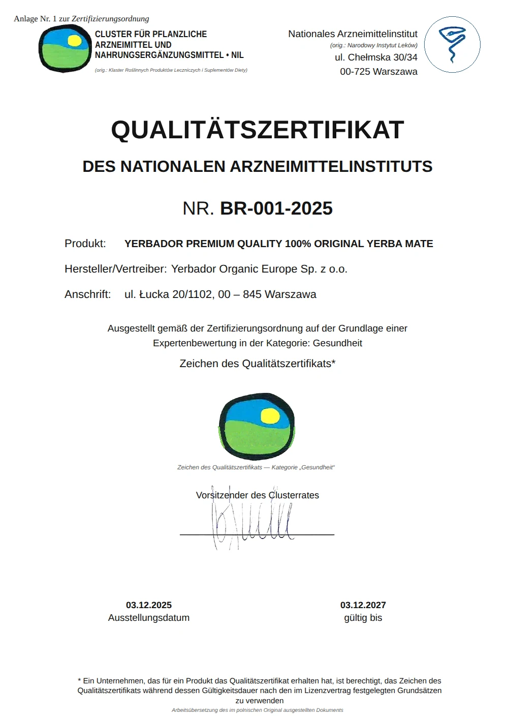 Qualitätszertifikat des Nationalen Arzneimittelinstituts Nr. BR-001-2025