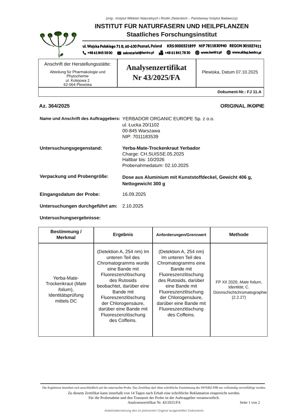 Analysezertifikat Nr. 43/2025/FA, Seite 1