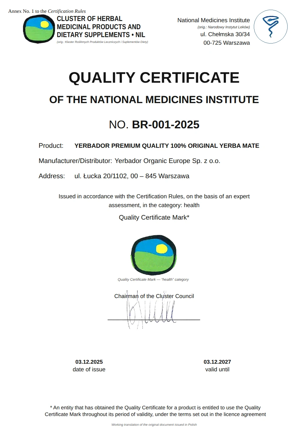 Quality Certificate, National Medicines Institute no. BR-001-2025