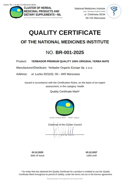 Quality Certificate, National Medicines Institute