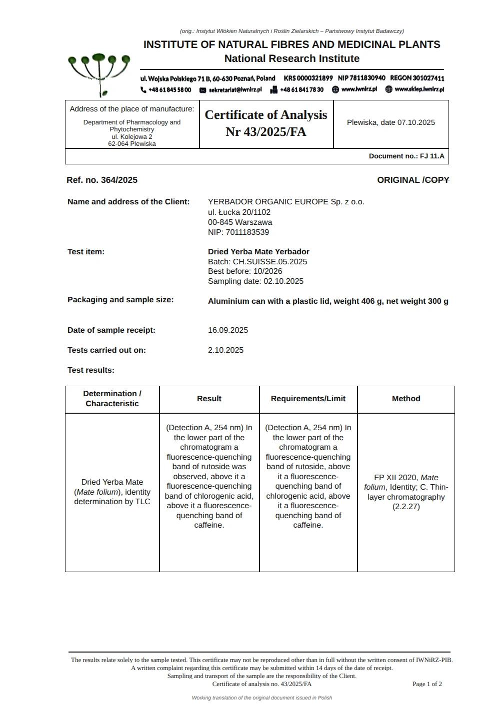 Certificate of Analysis No. 43/2025/FA, page 1