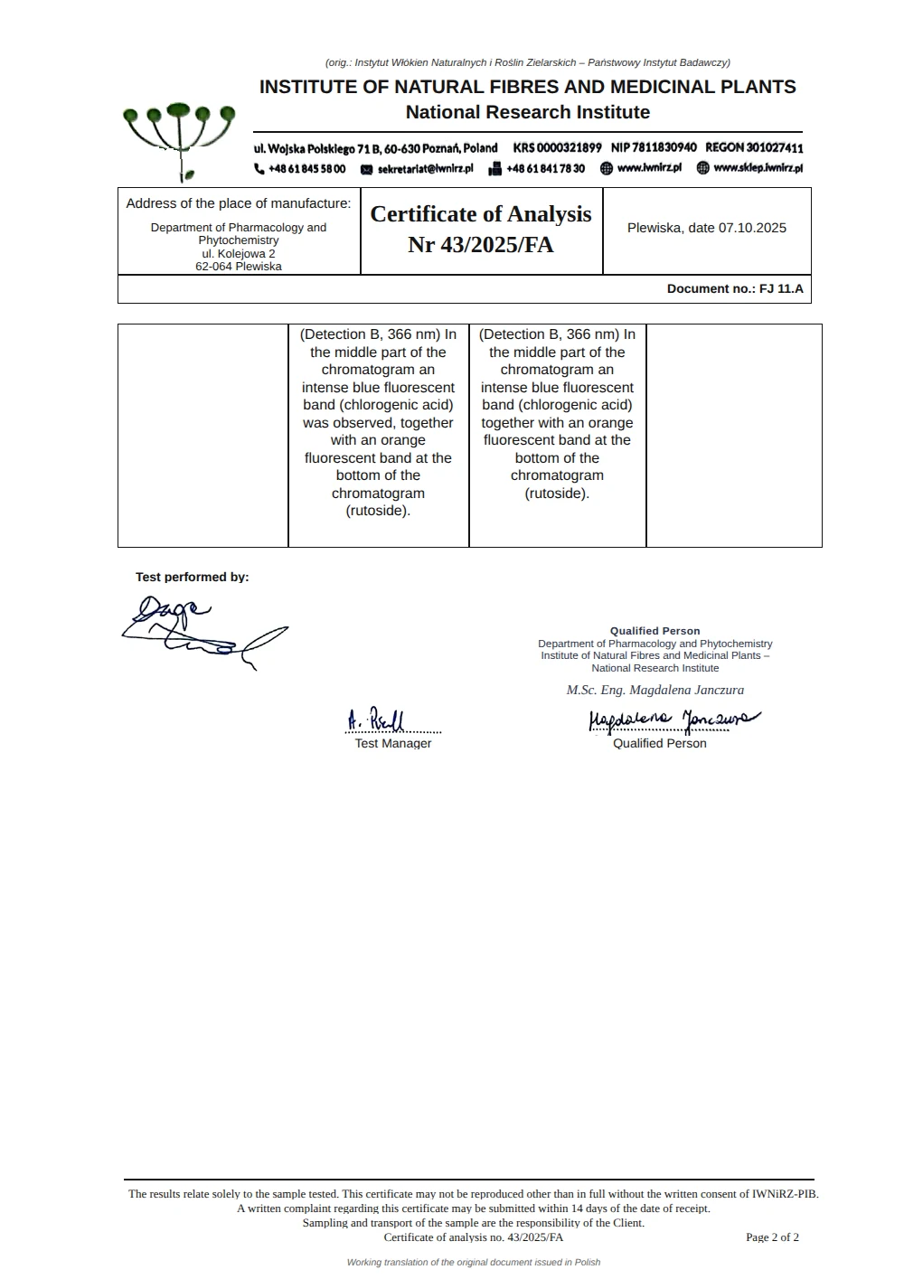 Certificate of Analysis No. 43/2025/FA, page 2