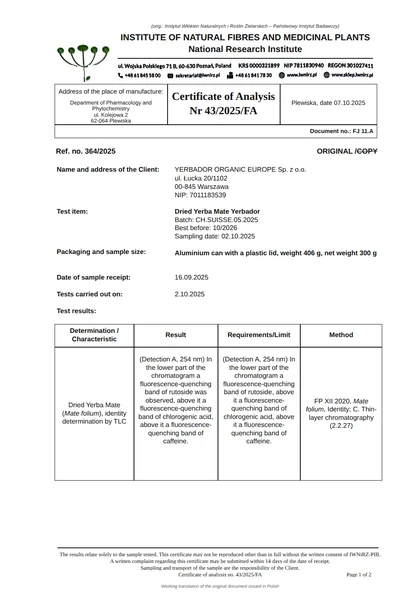 Certificate of analysis No. 43/2025/FA