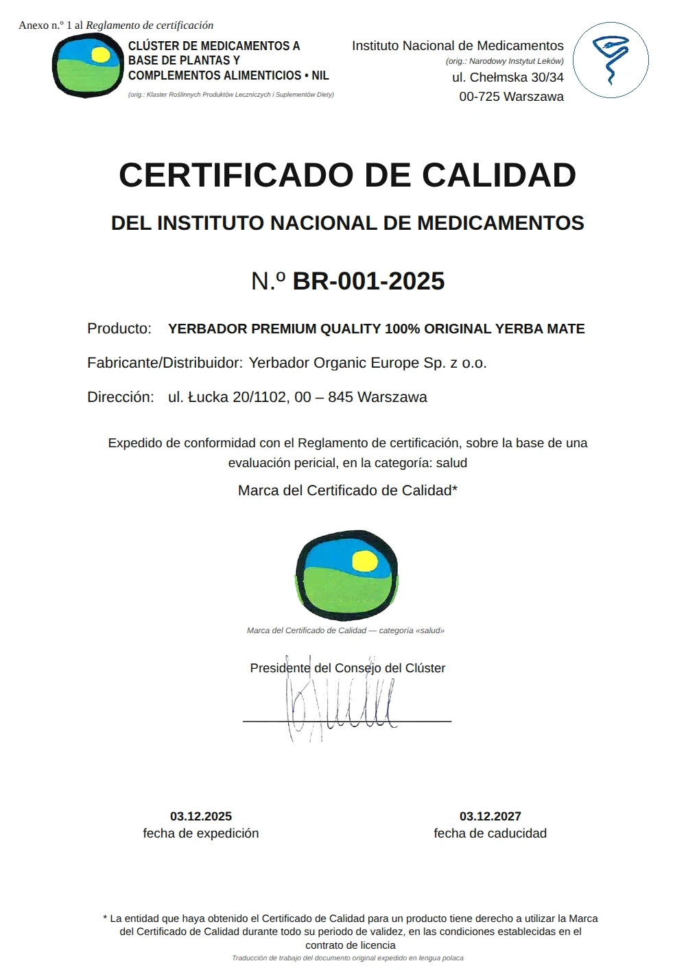 Certificado de calidad del Instituto Nacional de Medicamentos n.º BR-001-2025