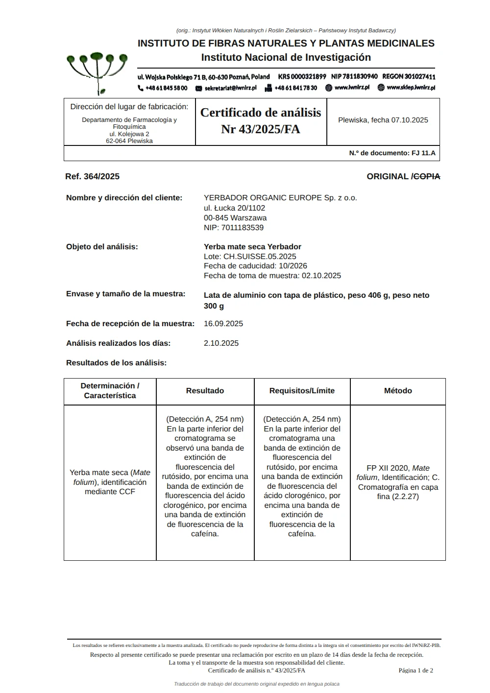 Certificado de análisis n.º 43/2025/FA, página 1