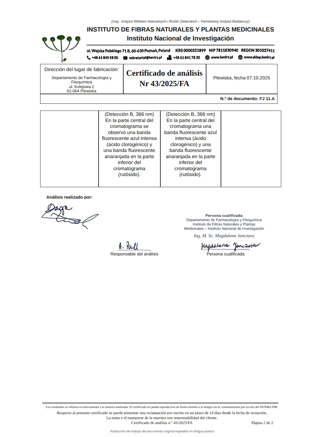 Certificado de análisis n.º 43/2025/FA, página 2