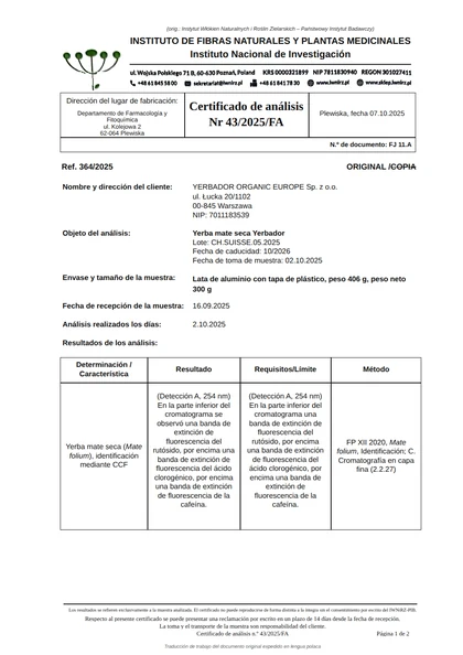 Certificado de análisis n.º 43/2025/FA