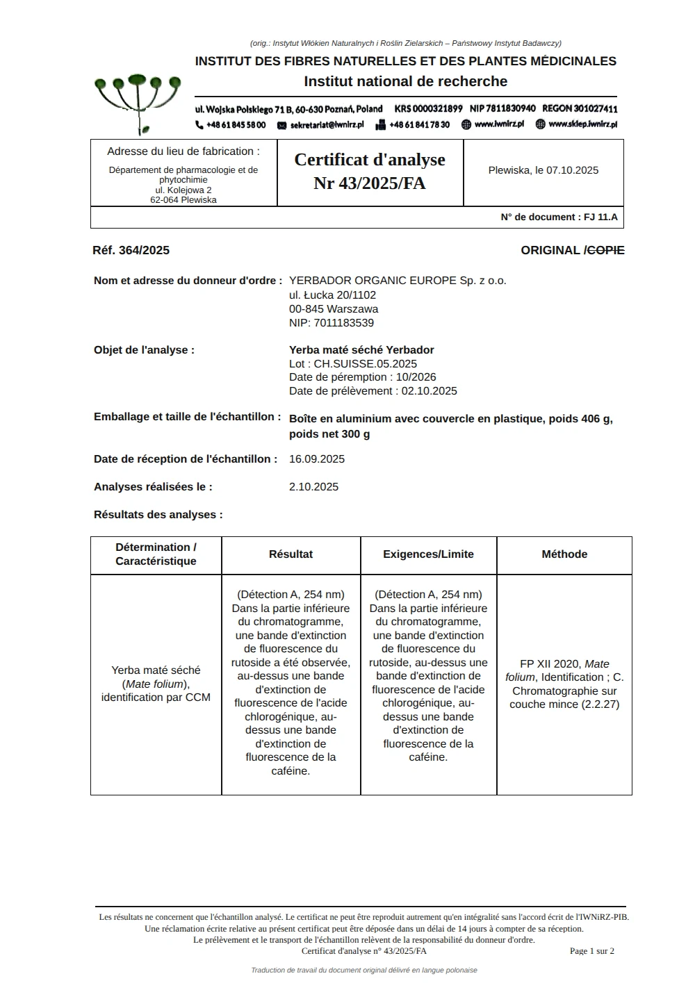 Certificat d'analyse n° 43/2025/FA, page 1
