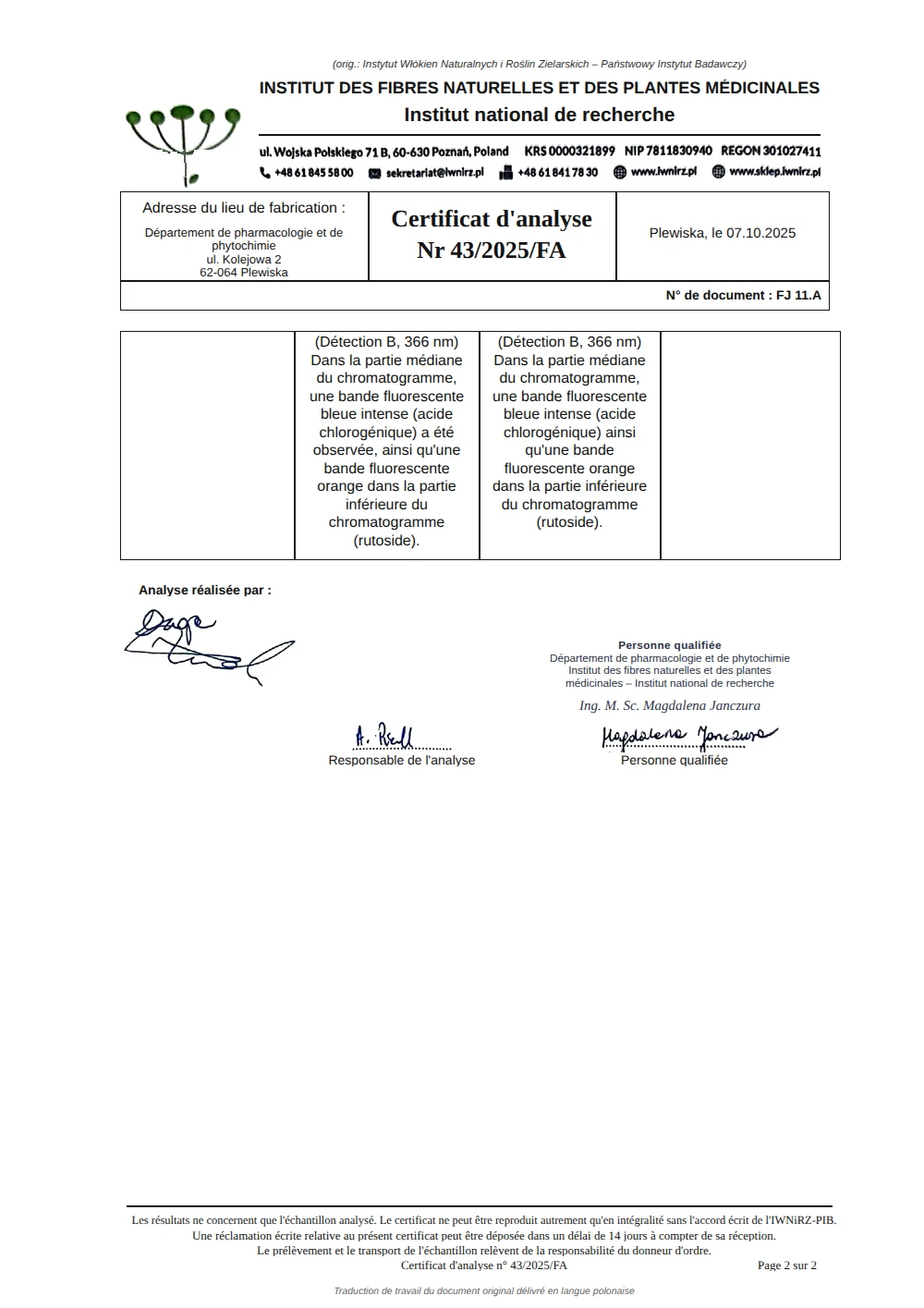 Certificat d'analyse n° 43/2025/FA, page 2