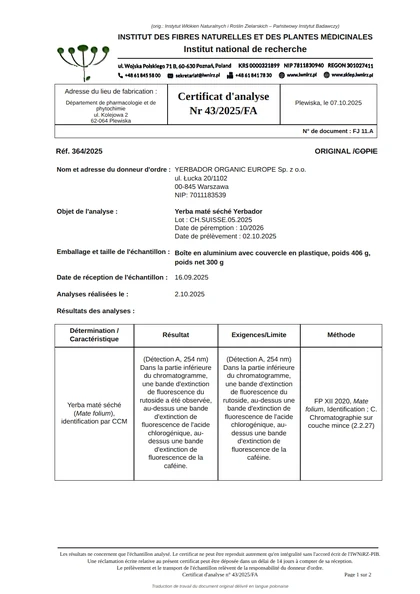 Certificat d'analyse n° 43/2025/FA