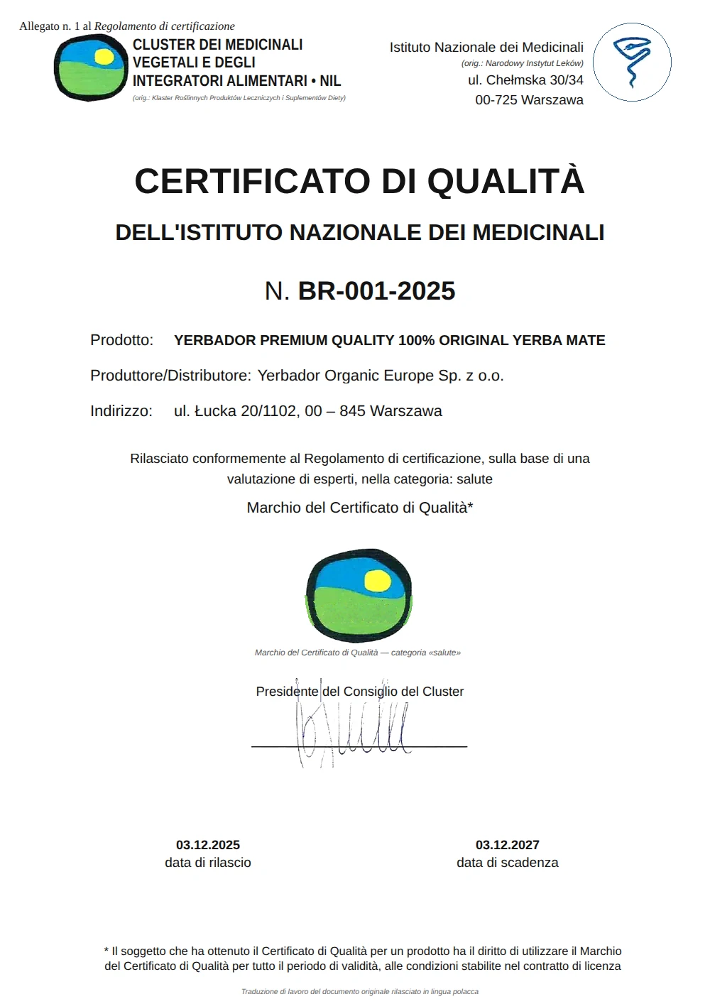 Certificato di qualità dell'Istituto Nazionale dei Medicinali n. BR-001-2025