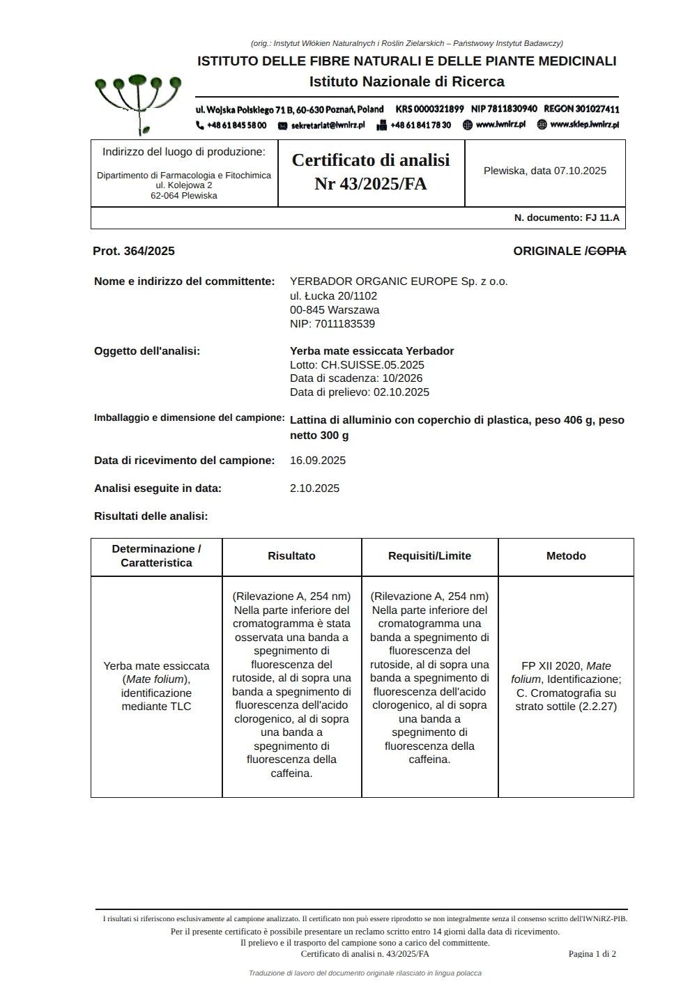 Certificato di analisi n. 43/2025/FA, pagina 1