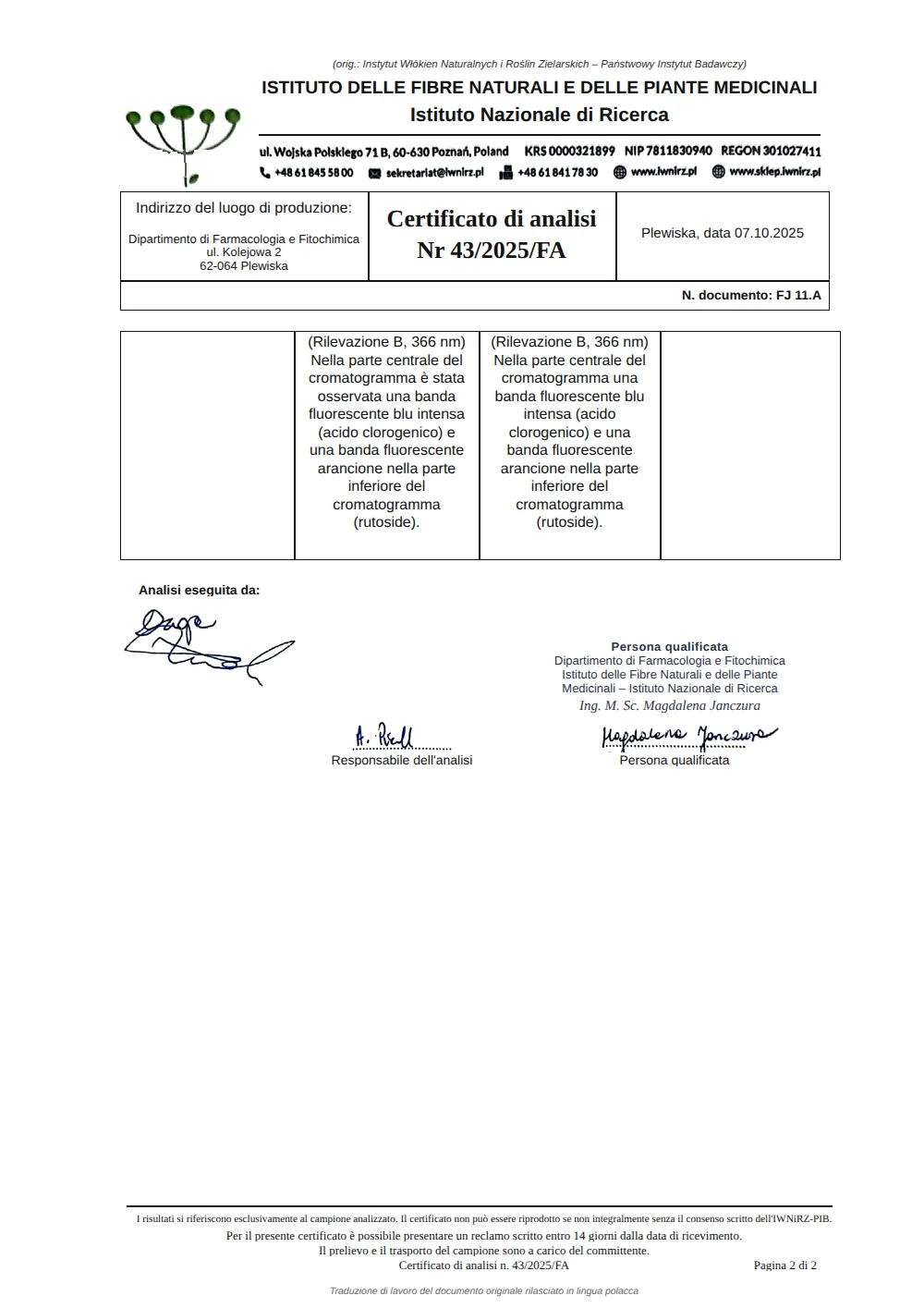 Certificato di analisi n. 43/2025/FA, pagina 2