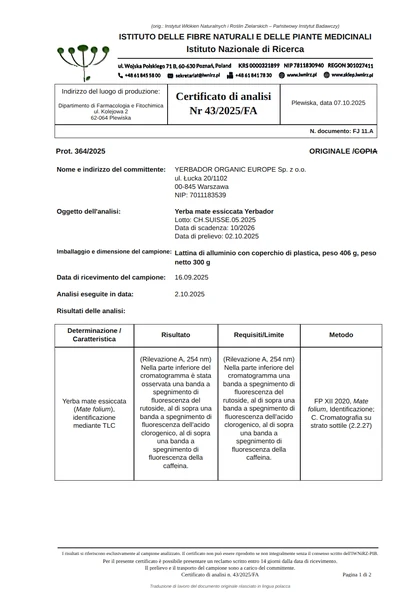 Certificato di analisi n. 43/2025/FA