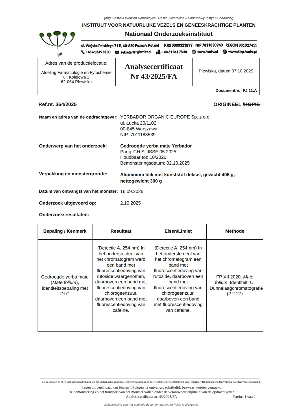Analysecertificaat nr. 43/2025/FA, pagina 1
