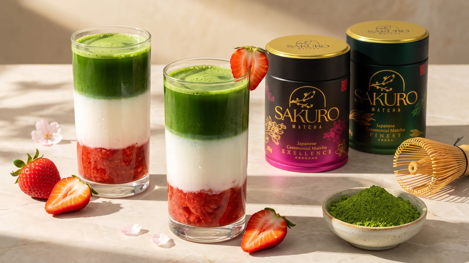 Mražené matcha latte s jahodami, plechovky Sakuro Matcha a sypká ceremoniální matcha