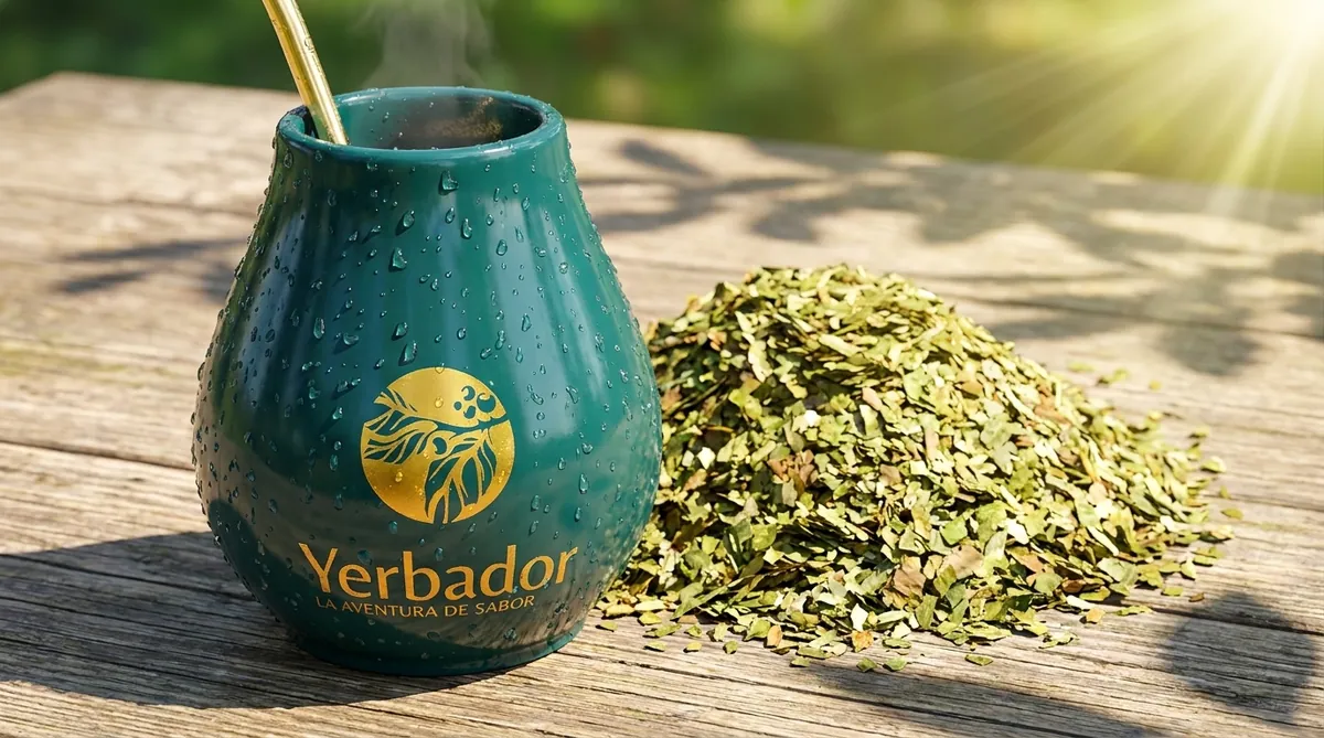 Ceramic Yerbador mate cup frosted with water, next to 5 mm cut dried leaves
