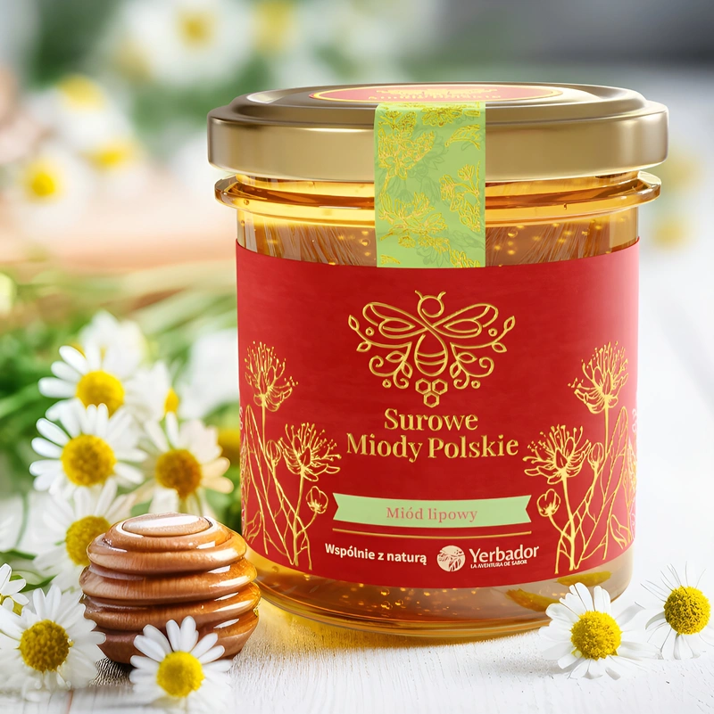 6A-honey-linden-honey-certified-natural-no-sugar-highest-quality Jar of Yerbador Raw Linden Honey among chamomiles, next to a wooden honey dipper