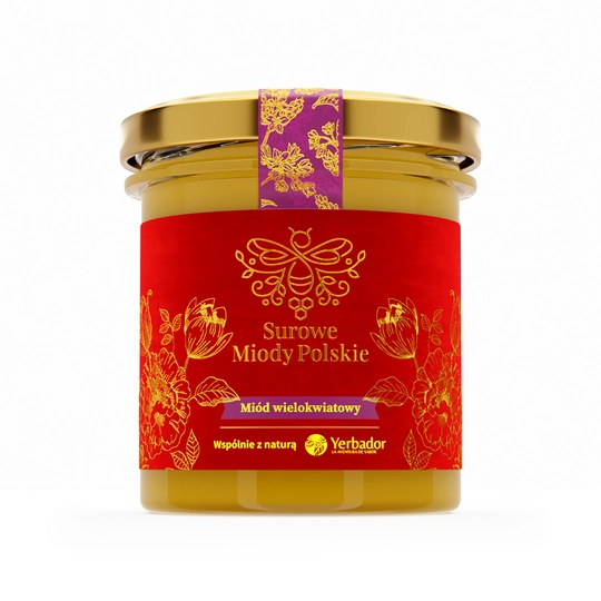Jar of Yerbador Raw Multiflower Honey on a white background