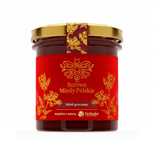 gryka Jar of Yerbador Raw Buckwheat Honey on a white background