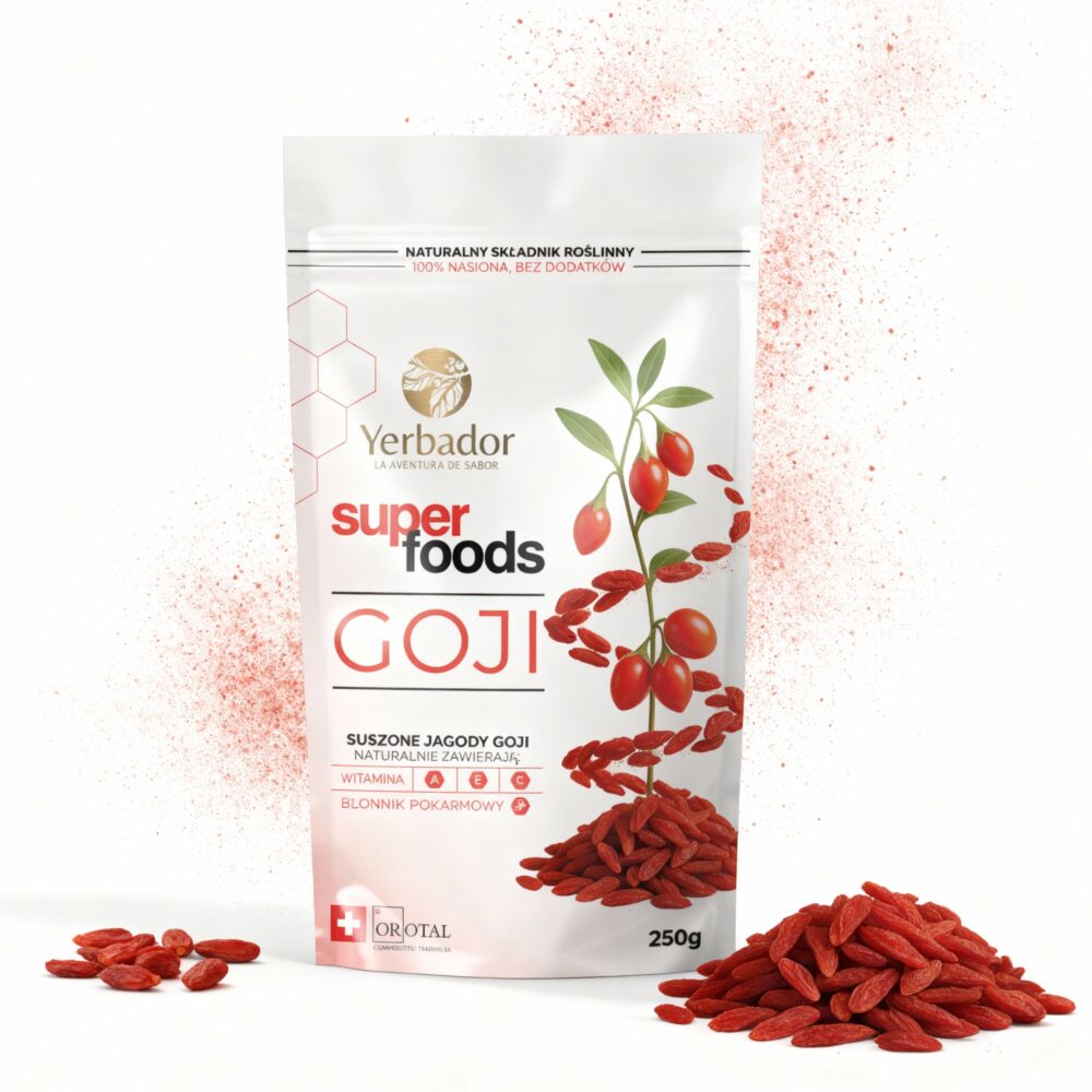 goji Dried Goji berries Yerbador on a red background sprinkled with powder