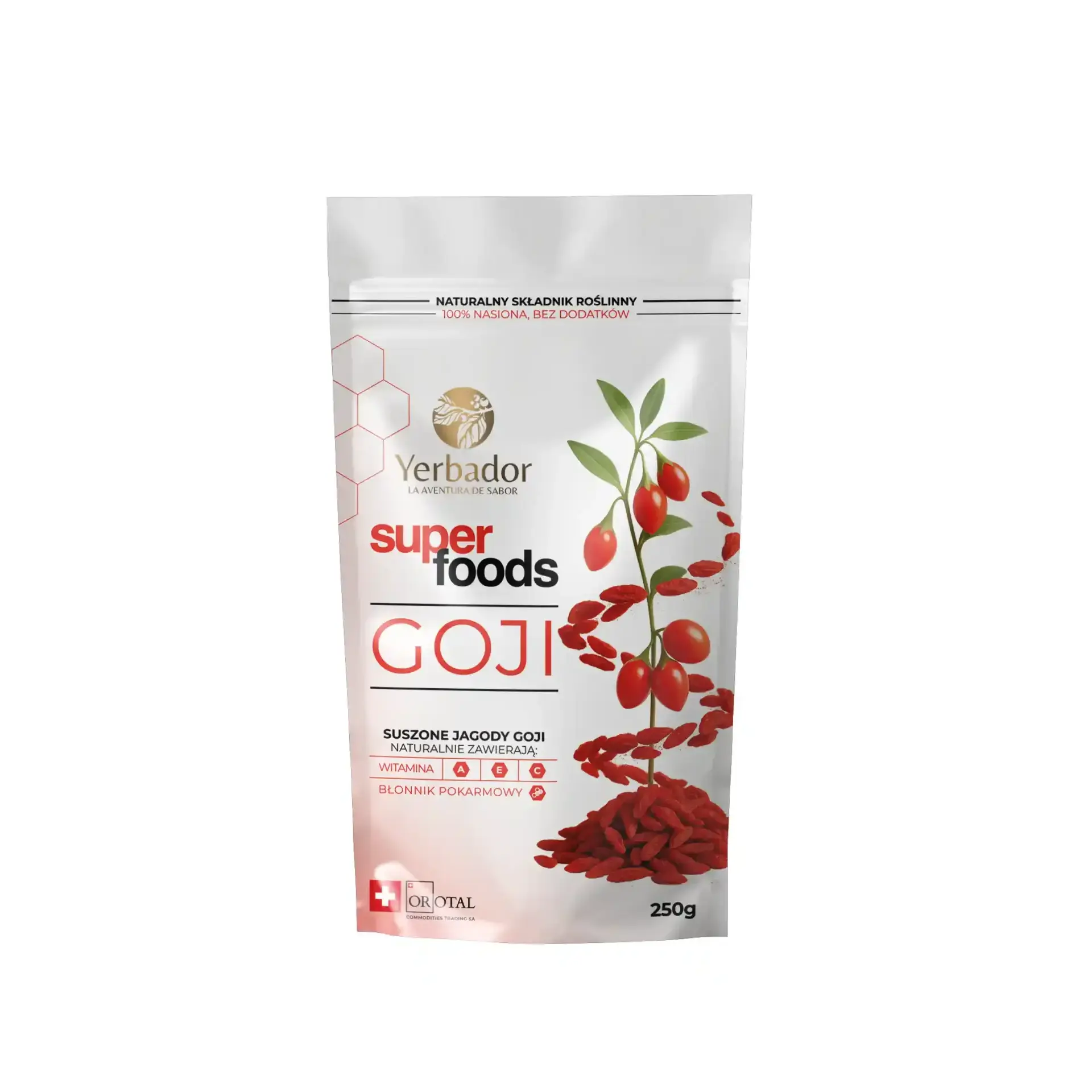 Baies de goji séchées de Yerbador, paquet avec de la poudre de goji en arrière-plan
