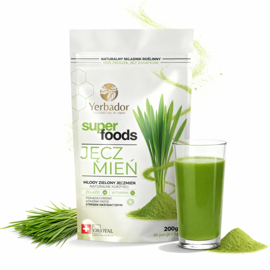 Package of Yerbador Young Green Barley 200 g with a glass of green drink