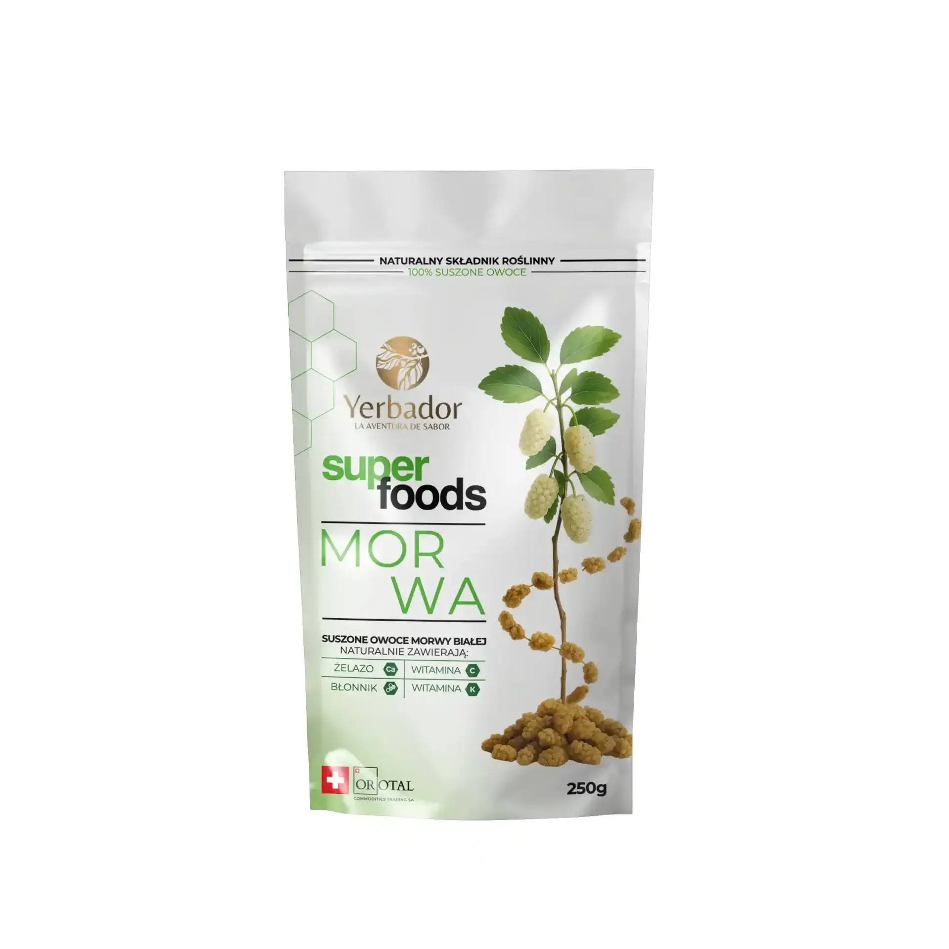 Emballage du mûrier blanc séché Yerbador 200 g sur fond blanc