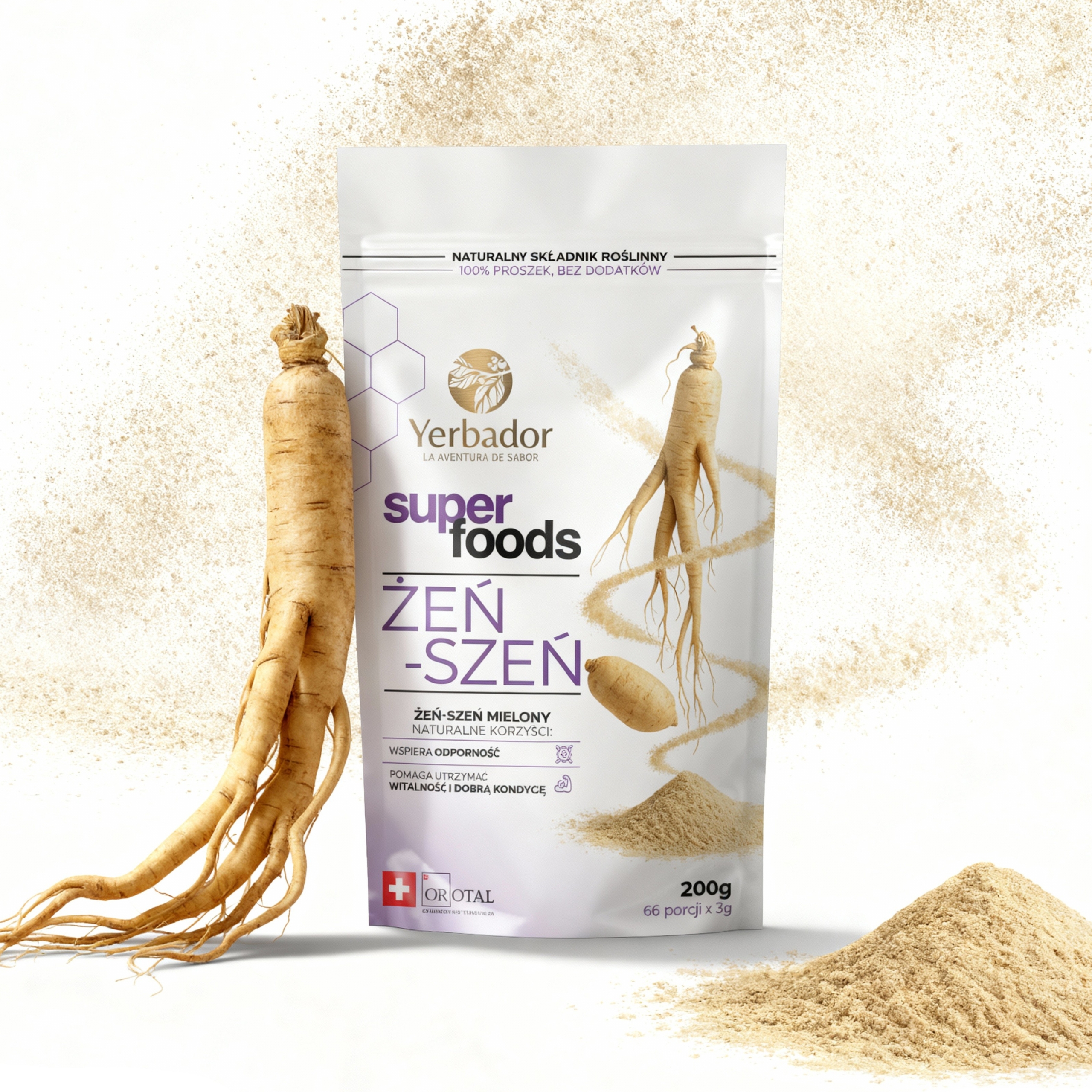 Powdered Siberian ginseng root in a bowl next to fresh roots