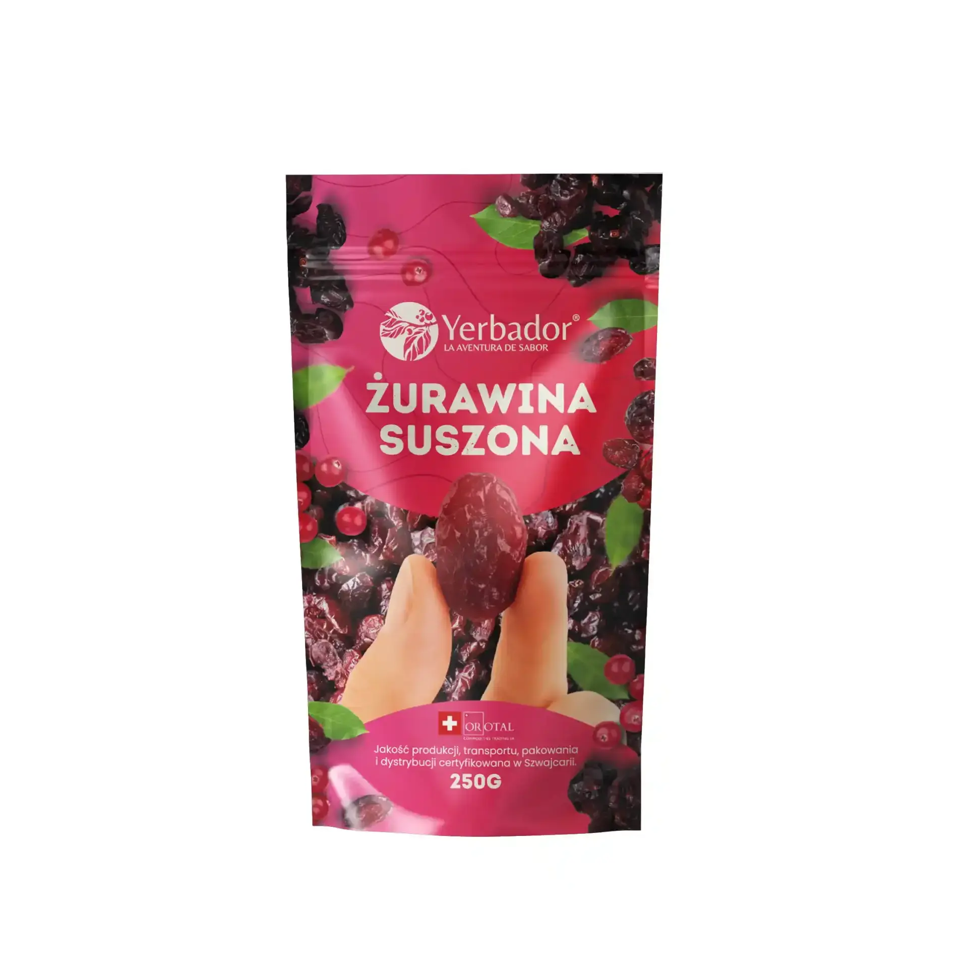 Balení Sušené Brusinky Yerbador 250 g s rozsypanými plody
