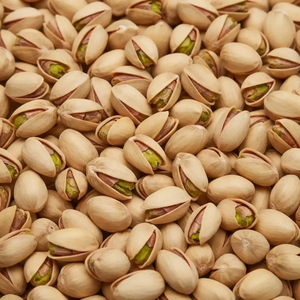 Roasted and salted pistachios in their shells, with visible green kernels