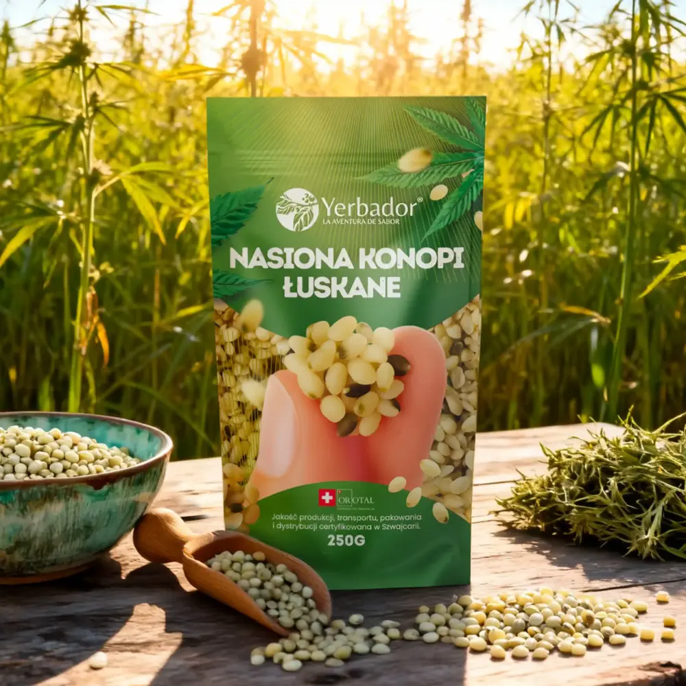 mango (2) Yerbador shelled hemp seeds in a 250 g package against a hemp field background