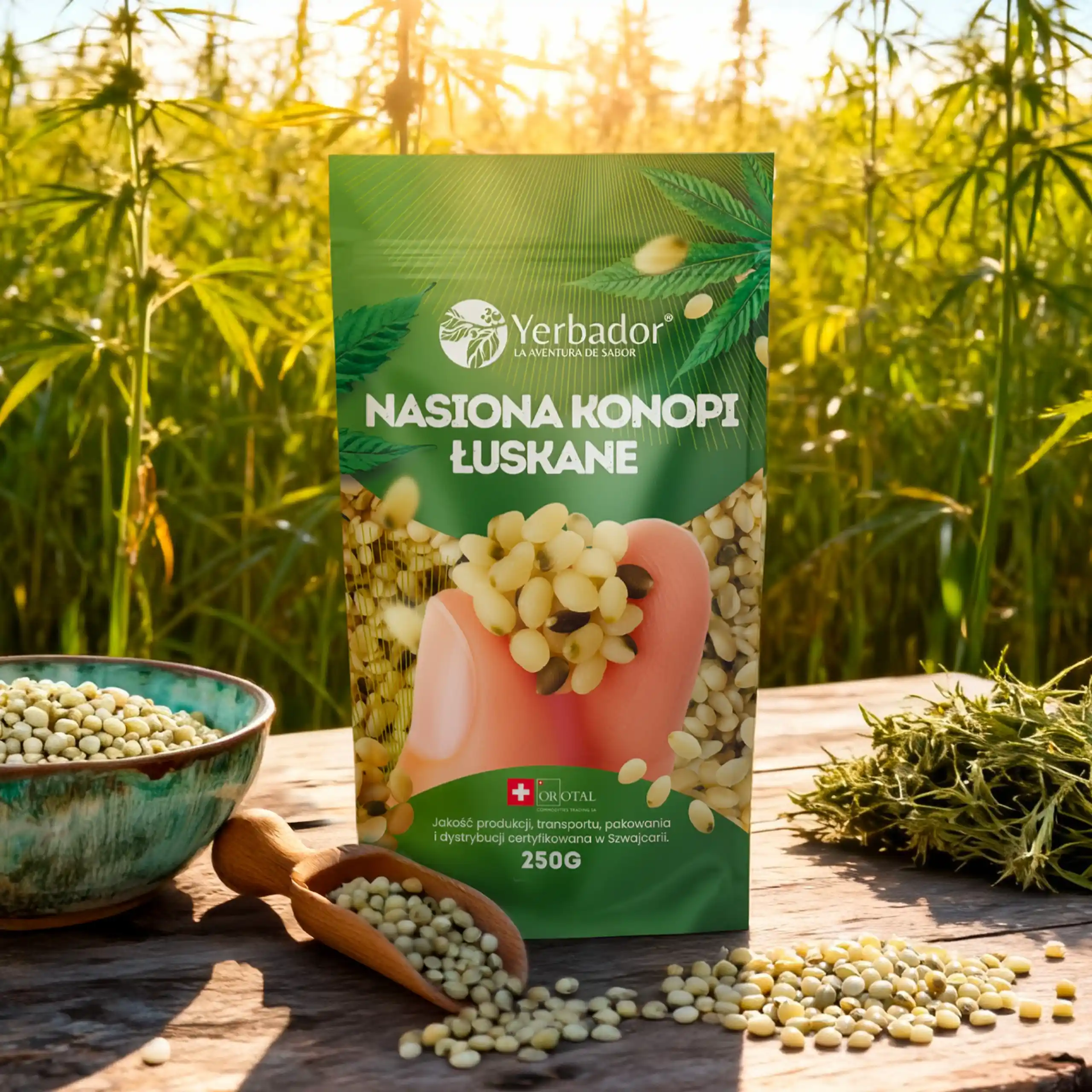 Loupaná konopná semínka Yerbador v balení 250 g na pozadí konopného pole