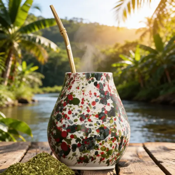 Exclusive Yerbador ceramic matero in a red-green pattern