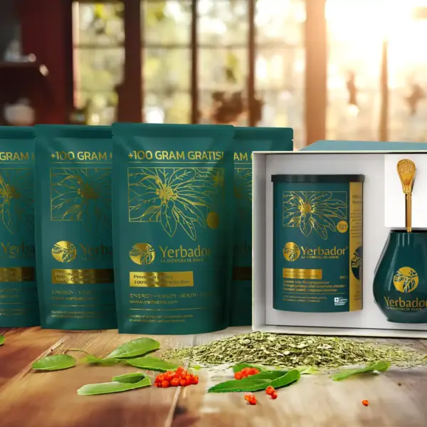 Four packs of Premium yerba mate and a free gift set, product photo