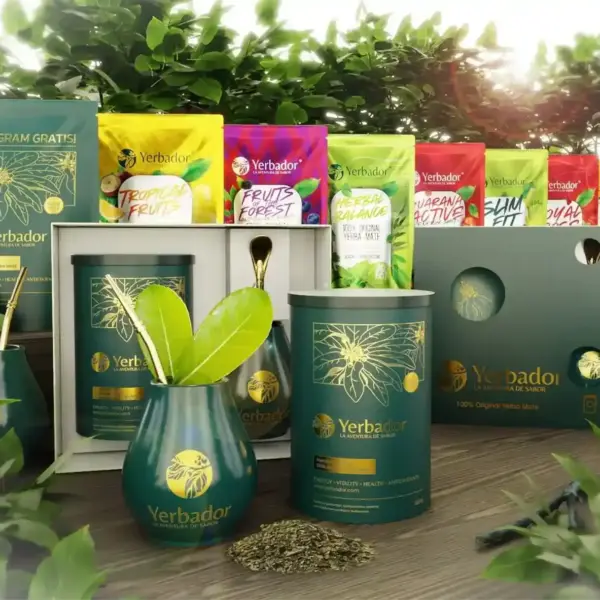 Eight packs of yerba mate mix with a free gift set