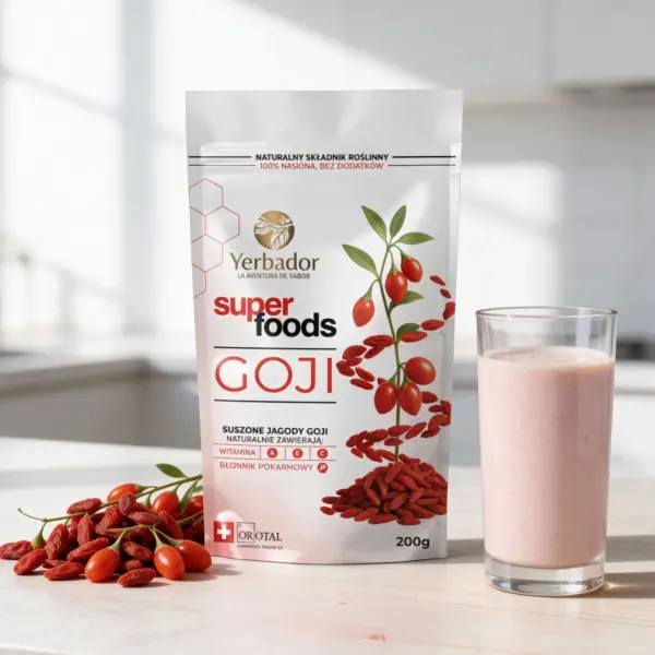 Pack of Yerbador goji berries next to a glass of pink smoothie