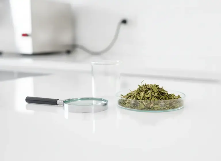 Dried yerba mate leaves on a laboratory dish next to a magnifying glass – precise data on micronutrients is hard to find