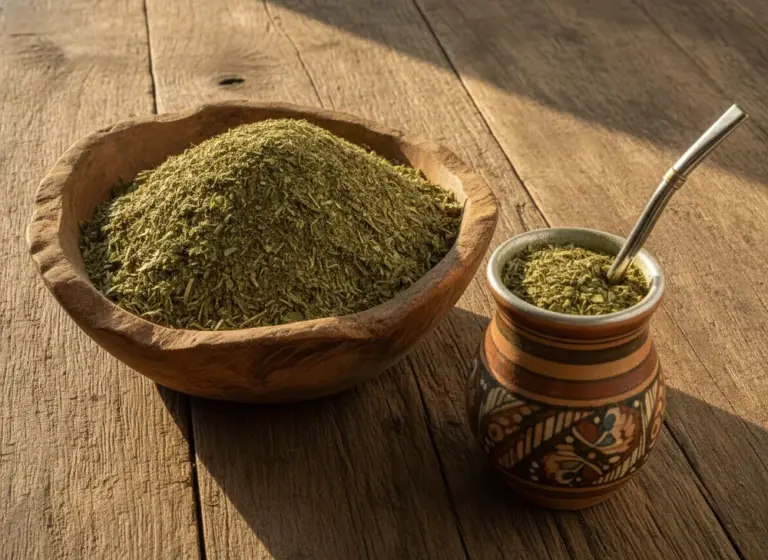 Dried yerba mate leaves in a wooden bowl next to a matero with bombilla — where to buy good quality yerba mate