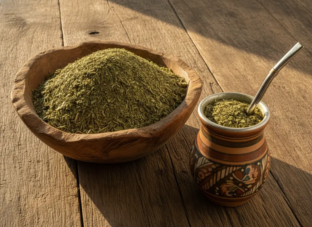 Dried yerba mate leaves in a wooden bowl next to a matero with bombilla — where to buy good quality yerba mate