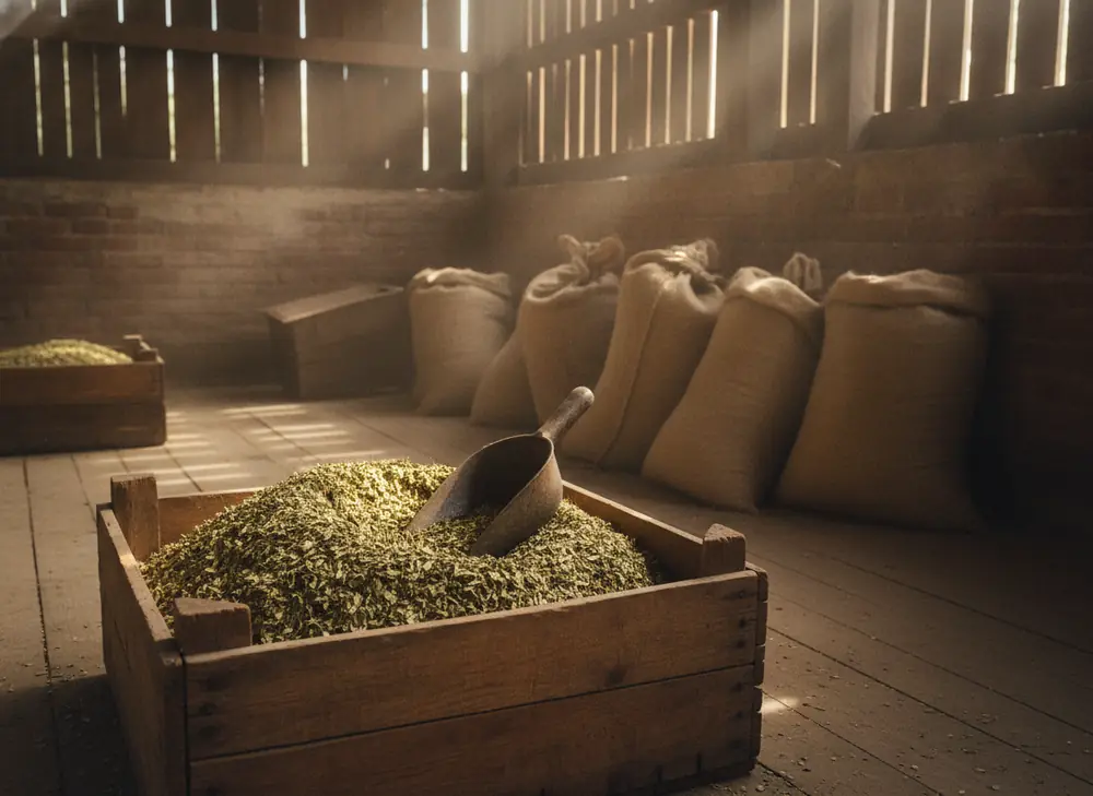 A crate of dried yerba mate leaves in an old trading warehouse
