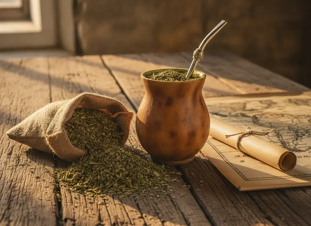 History of yerba mate – matero with bombilla, dried leaves and a map of South America
