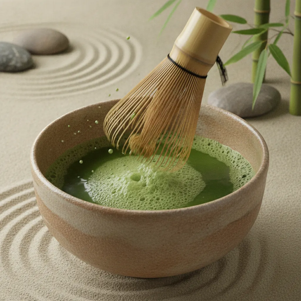Whisking matcha with a bamboo chasen