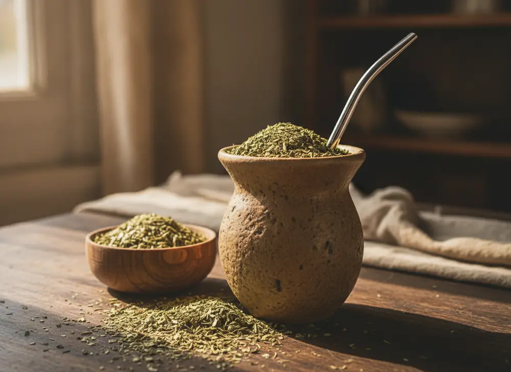 Myths about yerba mate – matero with bombilla and dried yerba mate leaves on a wooden table