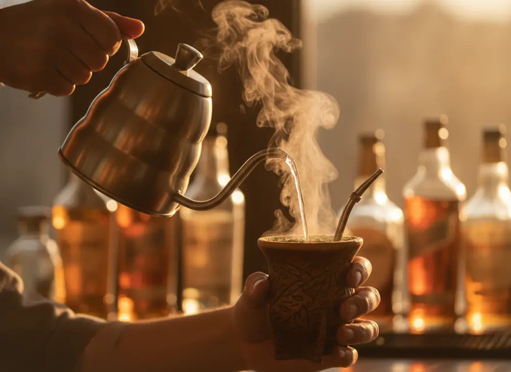 Brewing yerba mate for a guest, topping up the matero with hot water from a small kettle