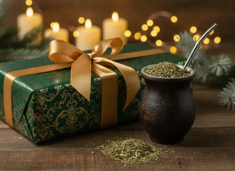 Christmas gifts yerba mate — wrapped set with matero and bombilla on a wooden table