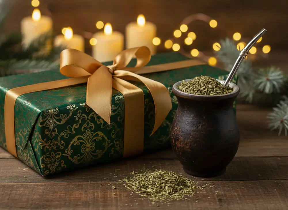 Christmas gifts yerba mate — wrapped set with matero and bombilla on a wooden table